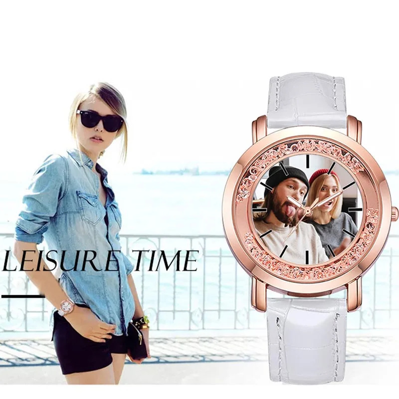 Jam tangan kreatif Wanita Jam tangan foto kustom letakkan foto Anda sendiri Jam tangan mewah dengan berlian imitasi hadiah ulang tahun untuk gadis