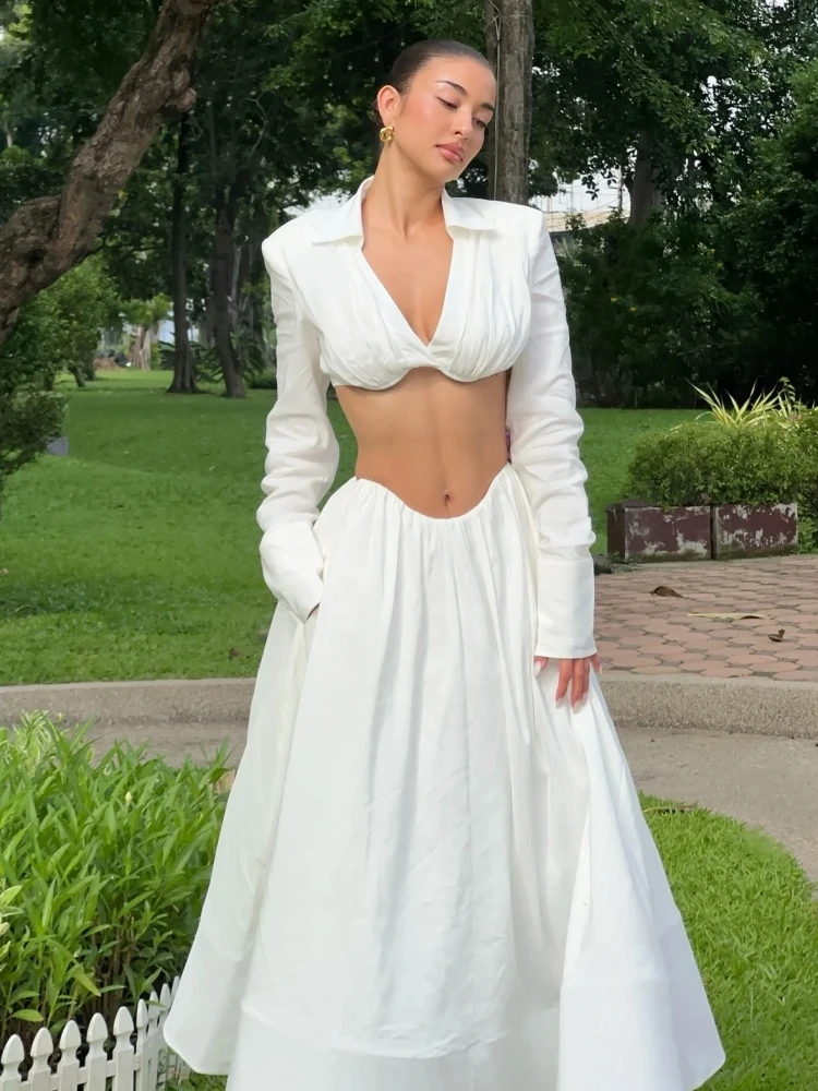 Женские белые юбки, комплект из двух предметов, сексуальный топ с v-образным вырезом и длинными рукавами + длинные юбки трапециевидной формы, костюмы для вечеринок, вечерние коктейльные комплекты