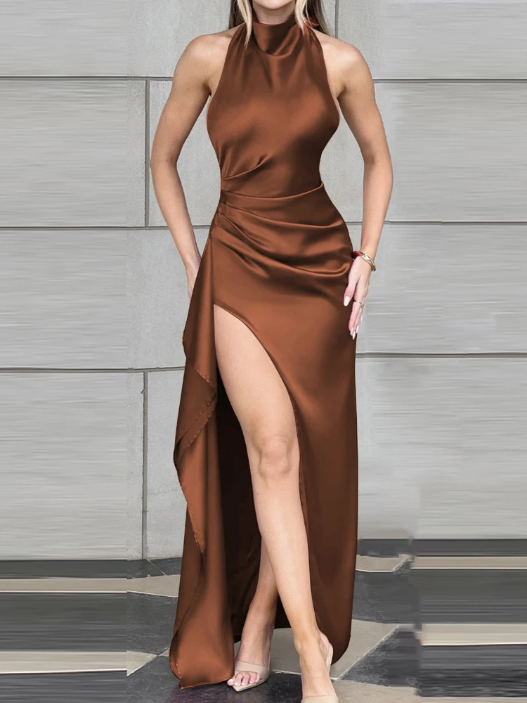 Robe Maxi en Satin pour femmes, Sexy, ajourée, noire, sans manches, taille haute, slim, élégante, tenue de soirée, club, dentelle fendue, automne