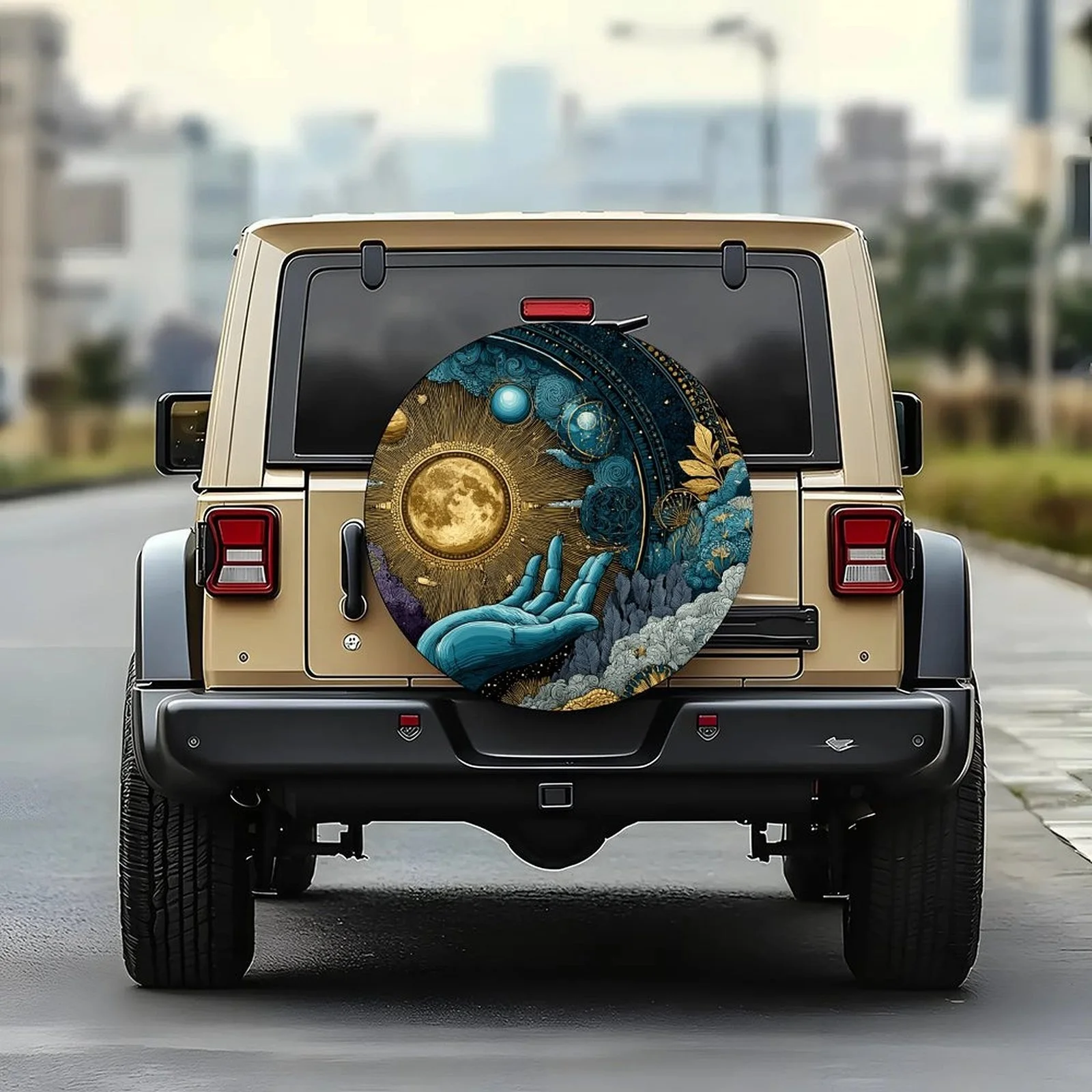 1pc Cosmic Hand Themed Tire Cover - Vibrant & Golden Space-Themed Design With Planets, Stars & Nebulae, Durable Polyester Wheel