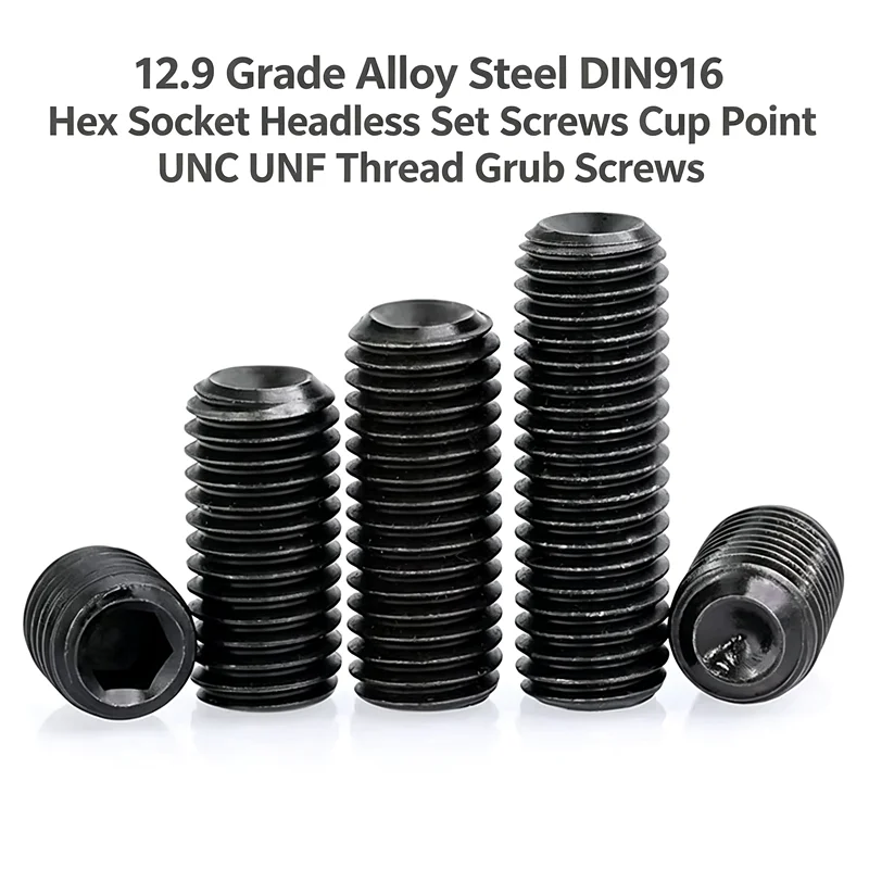 12.9 Grade Alloy Steel DIN916 Hex Socket Headless Set Screws Cup Point UNC UNF Thread Grub Screws