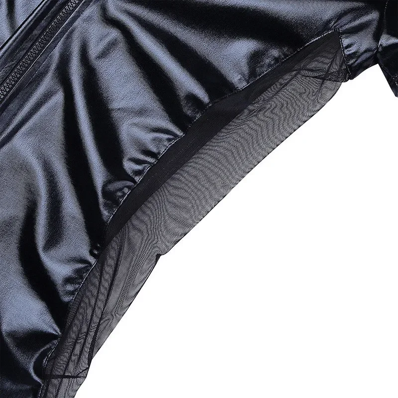 Body negro de malla de charol con cremallera para hombre, traje Sexy de manga corta con entrepierna abierta, ajustado, talla grande