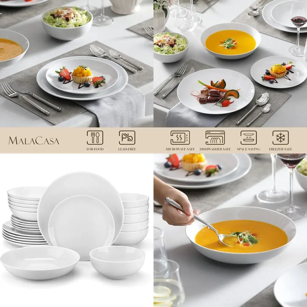 

Modern 24-Piece Porcelain Dinnerware Set, White Round Plates and Bowls for 6, Serving Dessert, Salad, Soup, Pasta - Amelia Serie