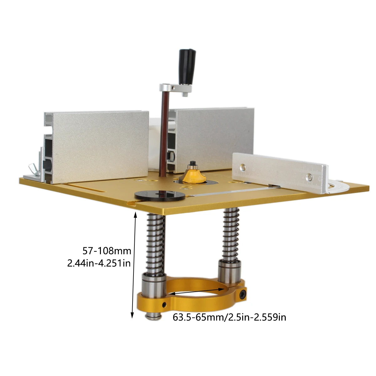 Placa de inserción de mesa de enrutador de aluminio dorado con Base de elevación para bancos de carpintería, sierra de mesa, recortadora de motores de 65mm, máquina de grabado