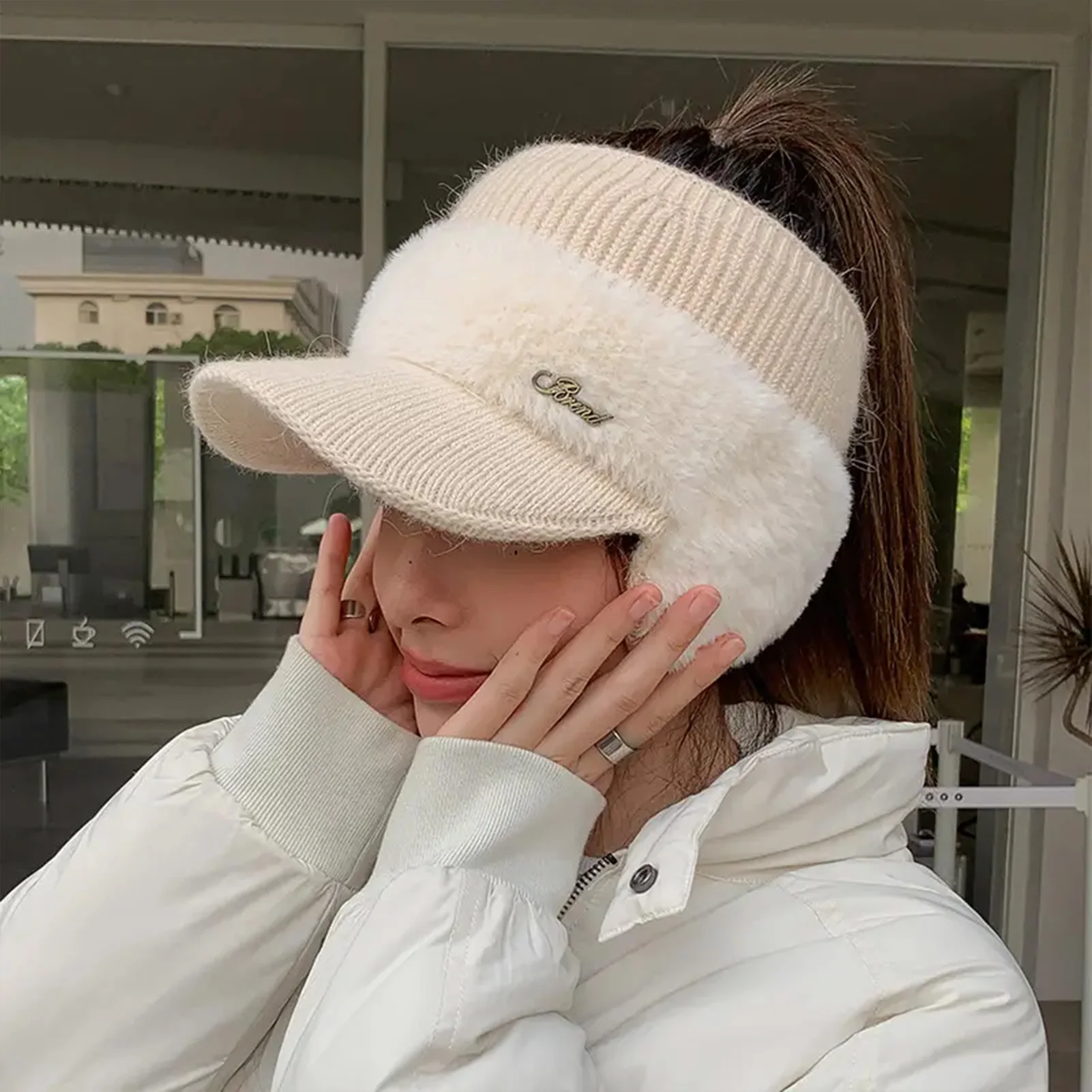 Duck Tongue Hat Fashionable Versatile with Plush Insulation Empty Top Ear Tips Woolen Hat Winter Cycling Knitted Ear Protection