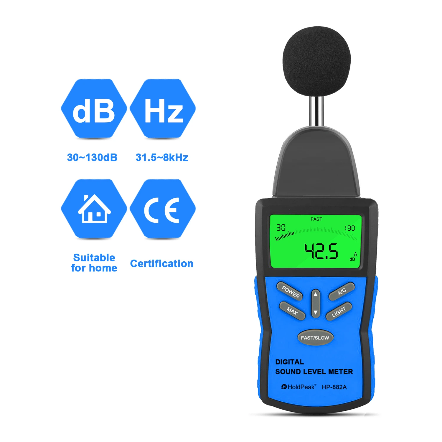 HP-882A Precision Sound Level Meter, Digital Decibel Tester for 30~130 dB Noise Volume Measurement with A/C Fast/Slow Weighting