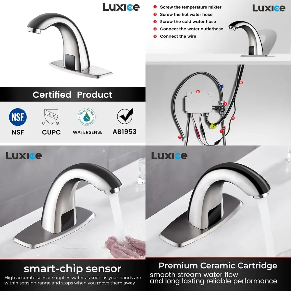 Battery-Powered Motion-Activated Sink Mixer Tap, Brushed Nickel Finish for Commercial Use