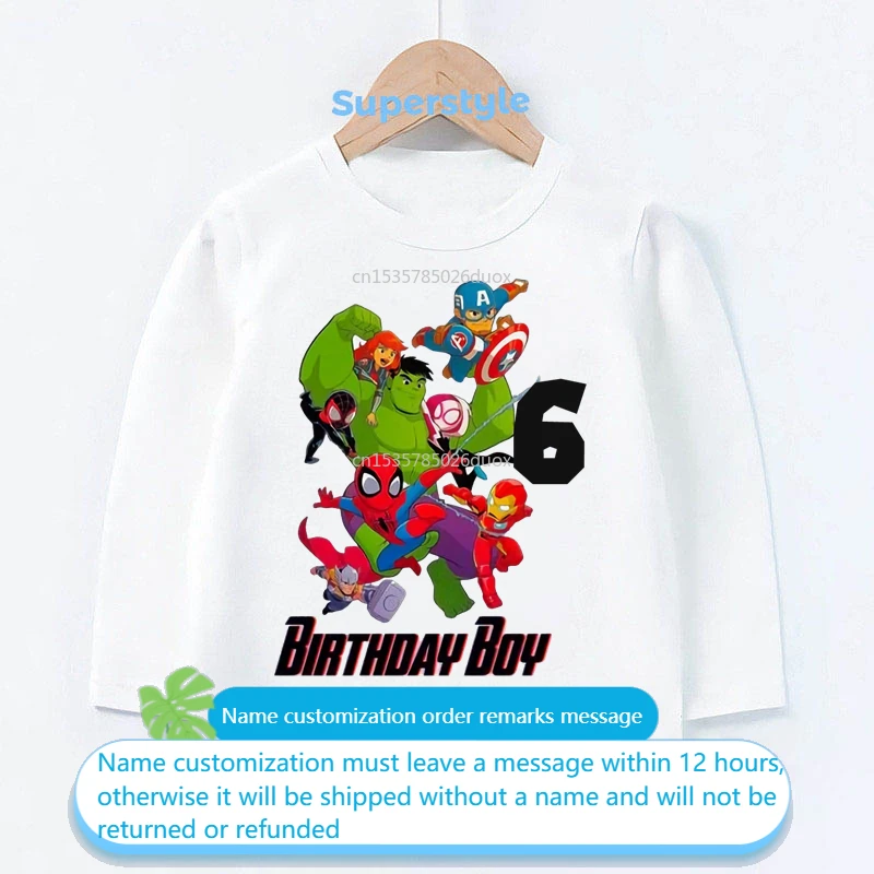 

MARVEL Iron Man Hulk Spider-Man Birthday Boy Long Sleeve T-shirt 2 3 4 5 6 7 8 Avengers Custom Name Birthday Party Kids Clothes