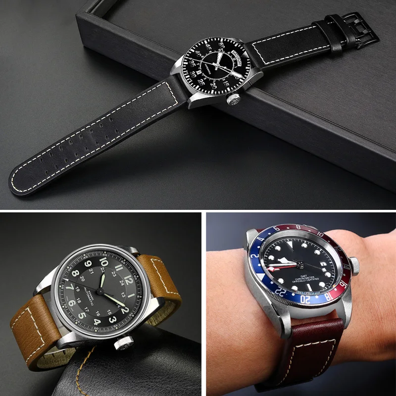 20mm 22mm Genuine Leather with Nails Watchband For Hamilton Khaki H77616533 H70615733 Series Men\'s Watch Band Strap Wristband