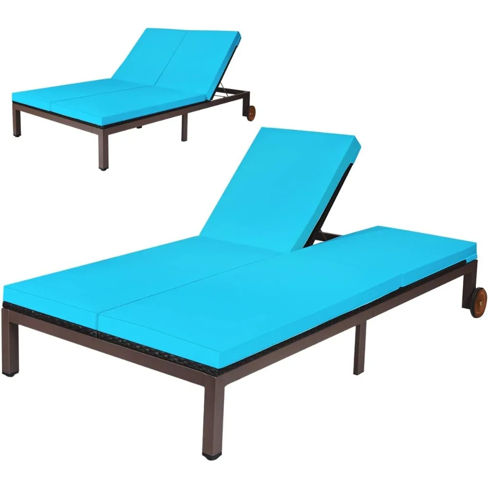 

2-Person Patio Lounge Chair, Outdoor Rattan Double Wicker Daybed Chaise Lounge Chair with Adjustable Backrest Wheels & Cushion,
