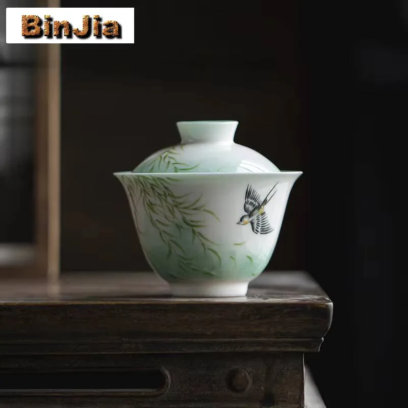 125Ml Hand-Painted Swallow Willow Gaiwan Elegant Turquoise Green Jade Clay Tea Tureen Brewing Cover Bowl Teaset Decoration