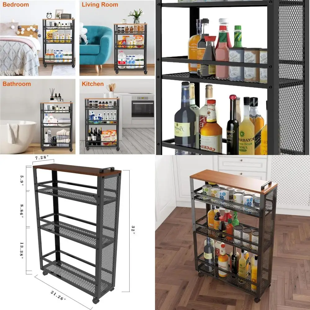 

2025 Modern 3-Tier Rolling Kitchen Cart with Mesh Baskets for Home, Laundry, and Bathroom Storage in Black