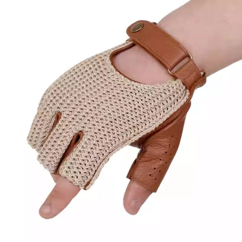 Unisex Semi-Fingers malha luvas de pele de carneiro, couro Patchwork Mittens, metade do dedo, equitação retro, condução, mulheres, homens, LSH01