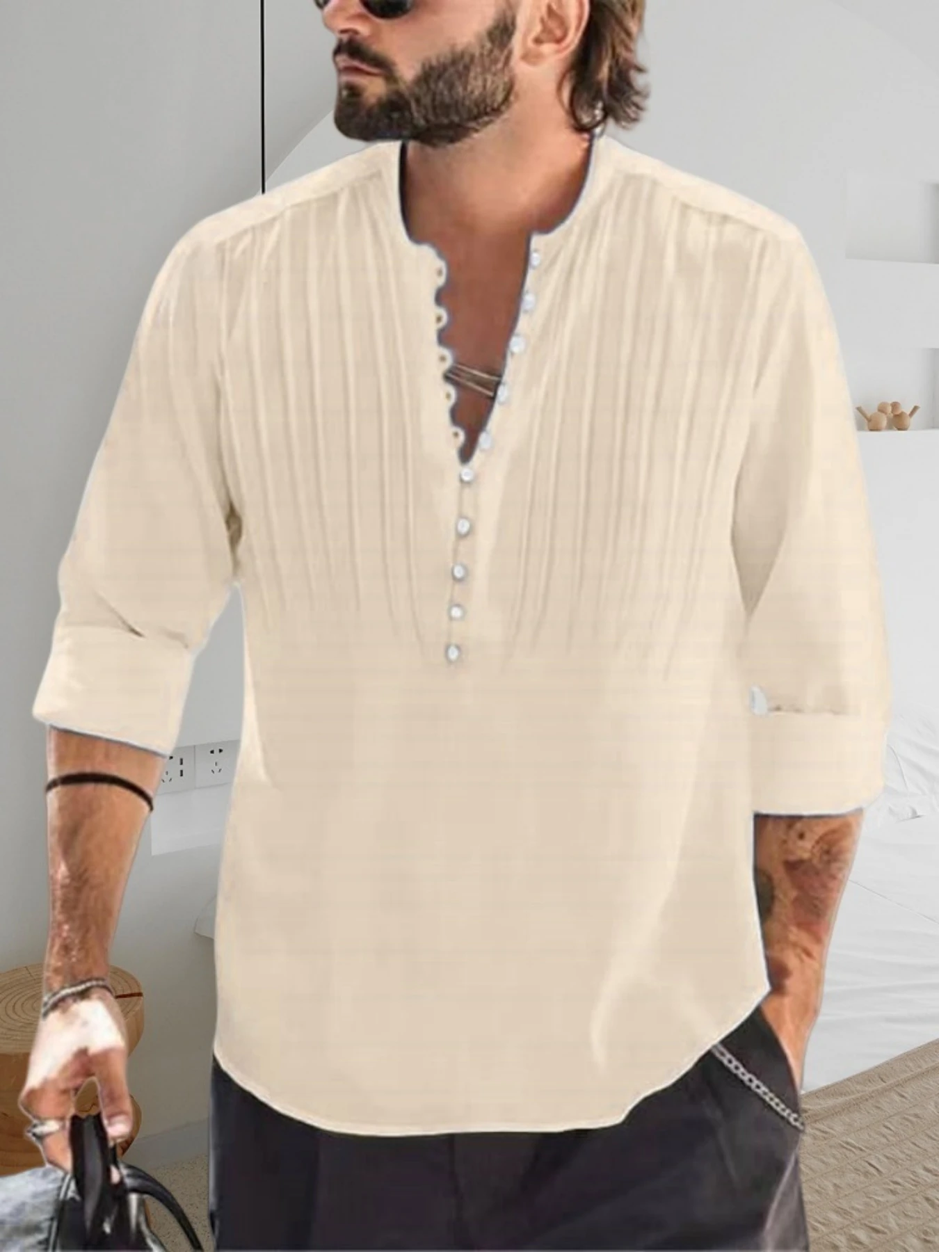 Spring and autumn new style men's casual fashionable long-sleeved shirt, plain color comfortable multi-pleated shirt