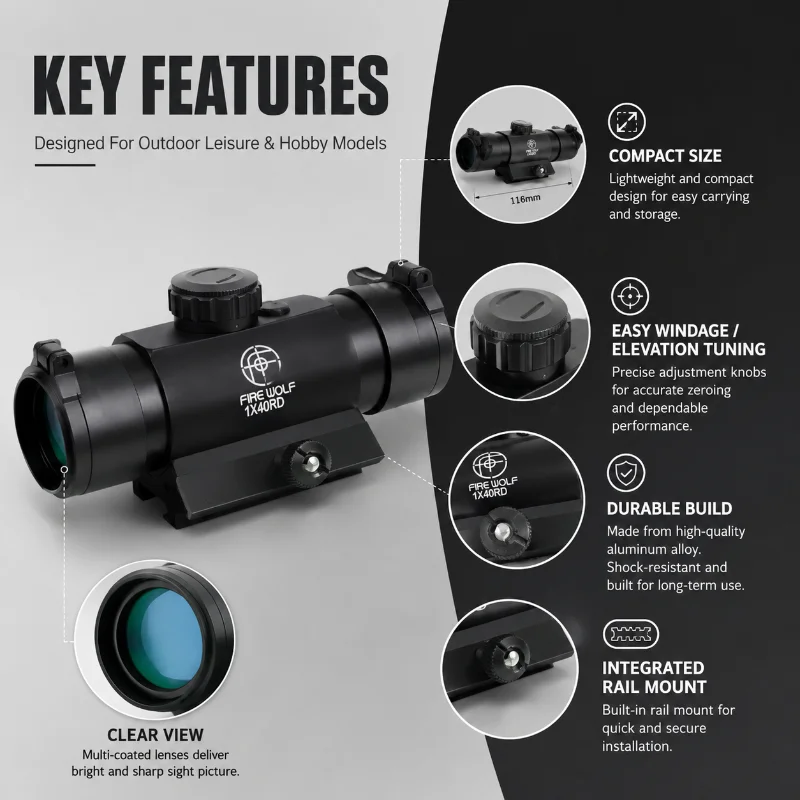 Hobby Model Optical Accessory 1X40RD Viewfinder with Dual Side Lens Caps Compatible with Universal 20mm Mount Rail