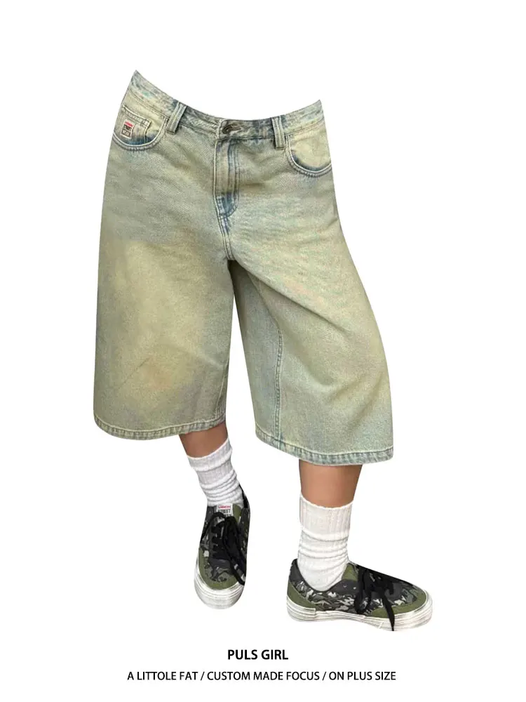 

Retro American Washed Denim Seven-Foot Pants Women's Summer New Loose Casual Wide-Leg Medium Pants High Waist Commute Style