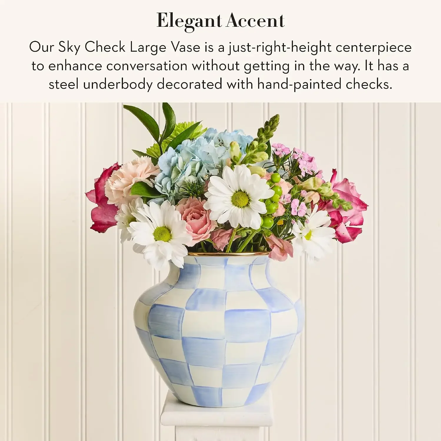 Enamel Vase, Large, Light-Blue-and-White Sky Check | Hand-painted design, decorative flower vase for living room use, made from