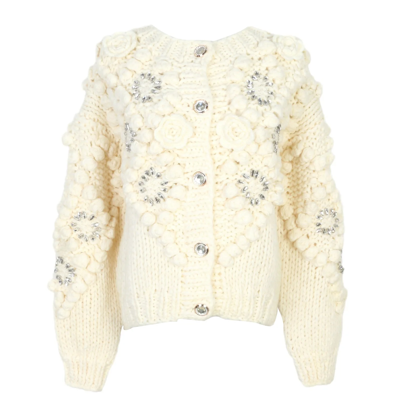 

Bohemian Hand-crocheted Three-dimensional Ball Diamond Flower Cardigan Sweater Coat Women's Autumn And Winter Sweater Knitted
