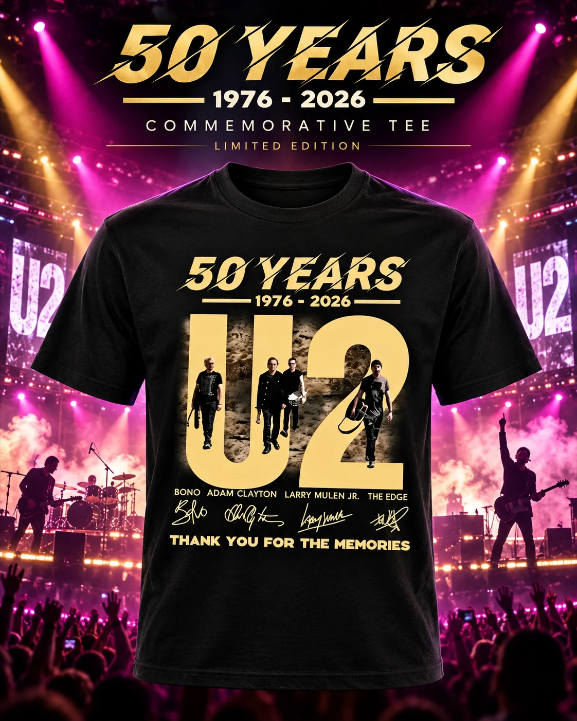 2026 New U2 Band 50th Anniversary Pattern High-Quality Comfortable Casual Print Oversized Vintage Men's Cotton T-Shirt