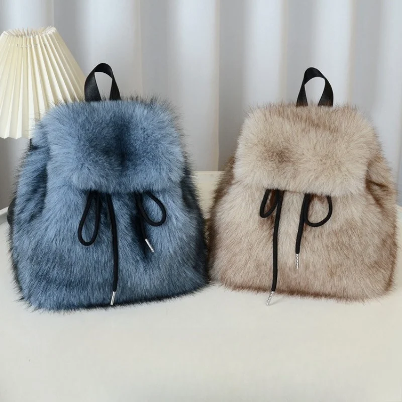 Y2k Plush Backpack Women Small Cute Drawstring Leopard Fluffy Bag Solid Soft Fleece Knapsack Winter Warm Faux Fur Mini Backpack