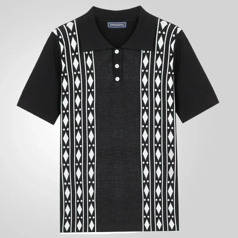Pop New Fashion Men's Summer Short Sleeve Turn-down Collar Slim T-shirts Black White Slim Casual Trendy Business T-shirts Male T