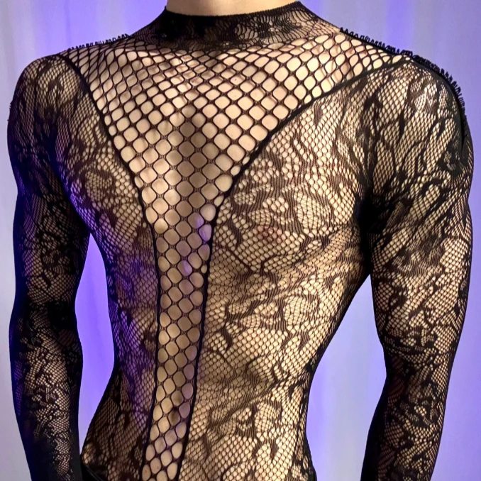 Men's Christmas Bodysuits Male Long Sleeved Uniforms Autumn Winter Underwear Fetish Breathable Gentlemen Mesh Clothes White Red