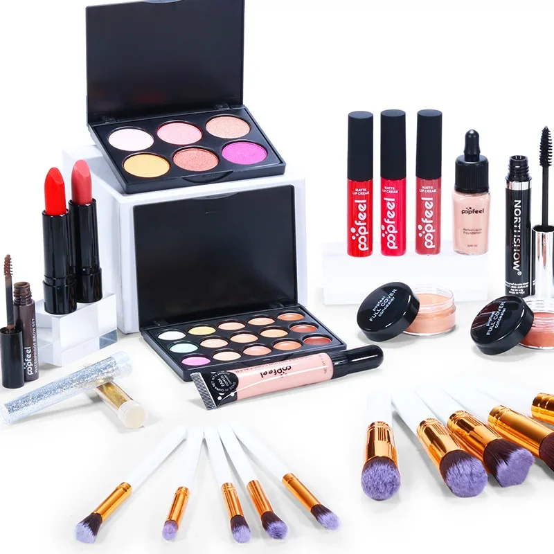 Popfeel-Kit de Maquillage Complet Tout-en-un pour Femme, Ombre à Paupières, Eyelger, Lèvres, Mascara, Brosse, Coffret de Luxe, Cadeau Cosmétique