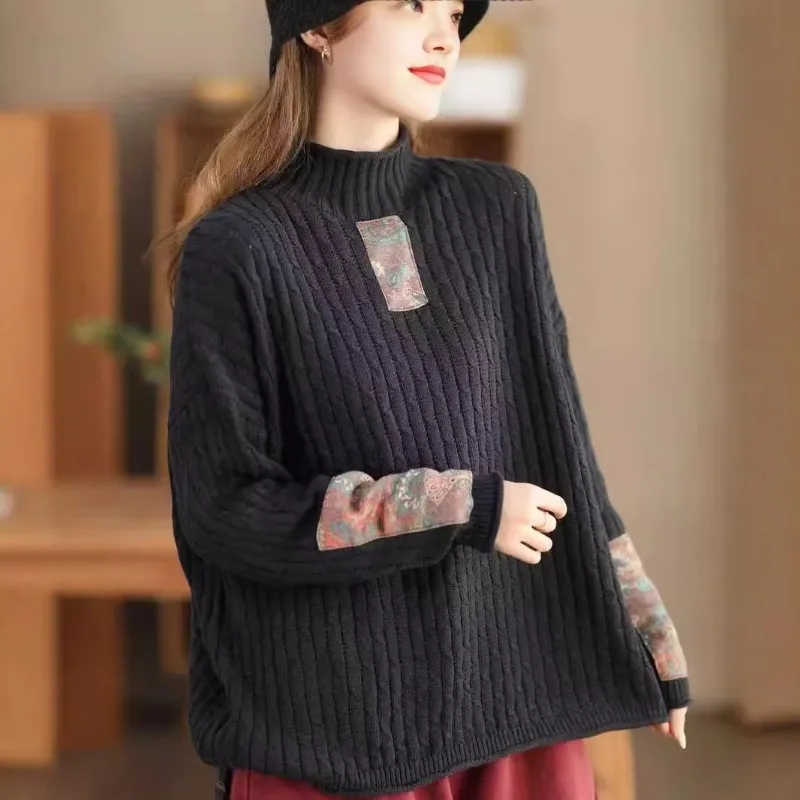 الشتاء الخريف أزياء الياقة المدورة خمر المرقعة سترة للنساء نوعية جيدة طويلة الأكمام فضفاضة عارضة البلوز تريكو قمم #4