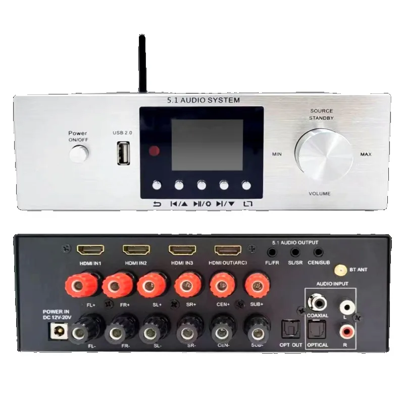 Decodificador de áudio USB com fibra óptica, Bluetooth, AC3, DTS, Dolby Surround 5.1 canais, amplificador de potência HDMI, tudo em um.
