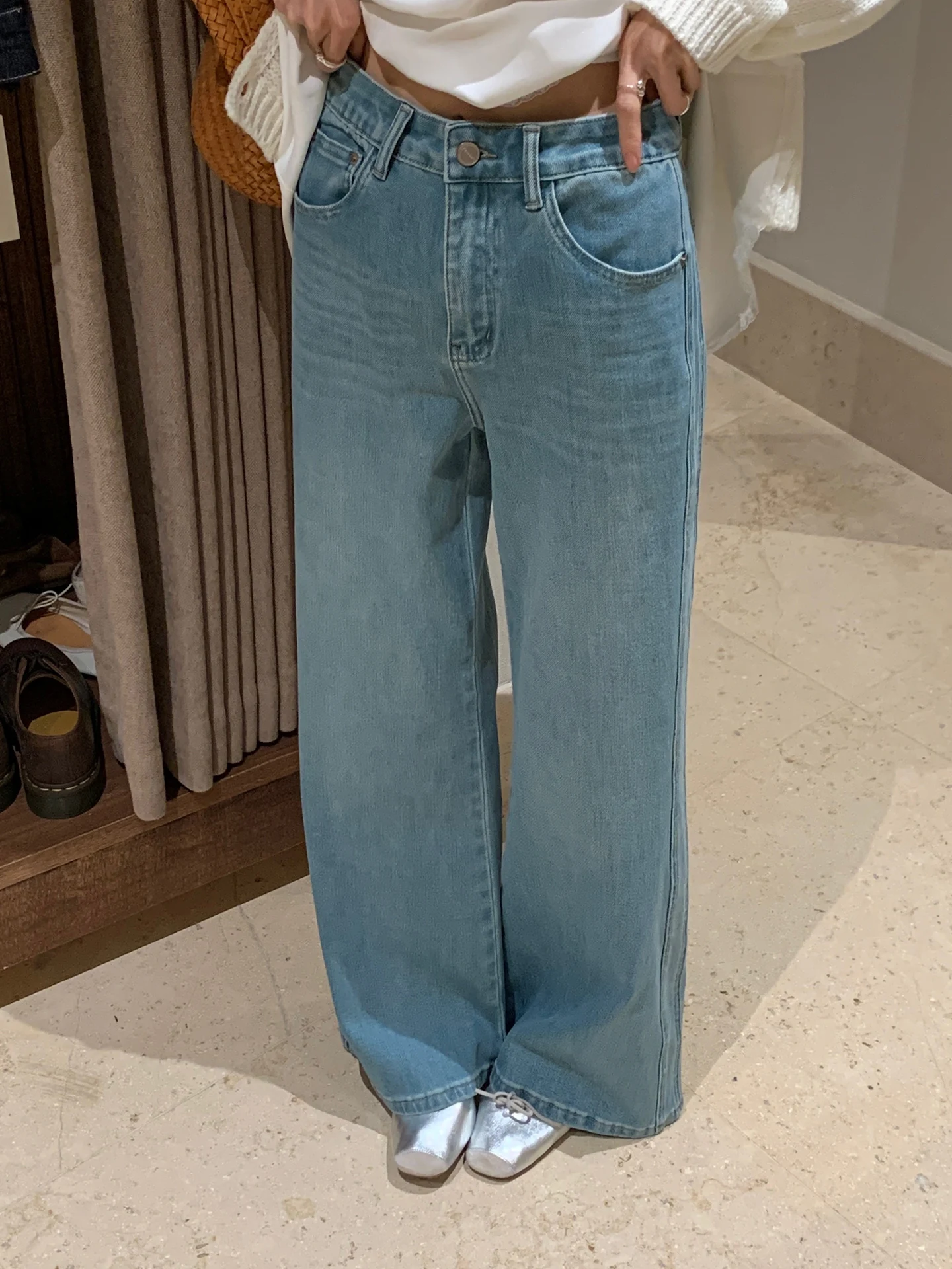 

BRIVIN Korean Sle Vintage Lake Water Blue Denim Pants Women's Loose Fit Four Way Stretch High Waist Wide Leg Jeans