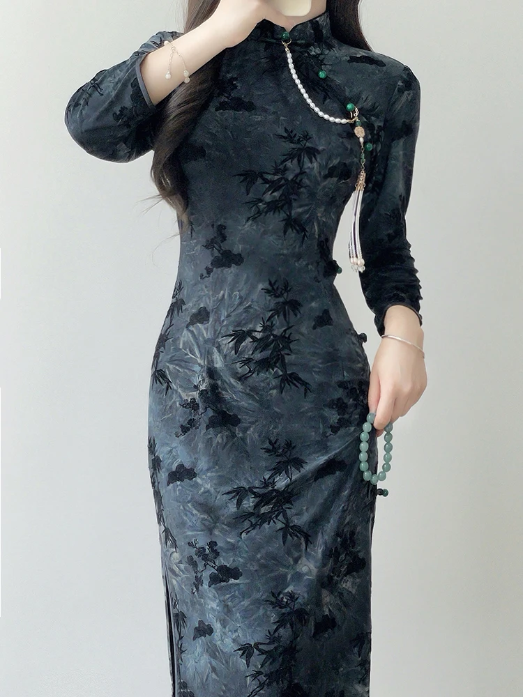 

Платье Ting Yue Ling для молодых женщин, в китайском стиле, повседневное, с длинным рукавом, с низким разрезом, миди, для осени и зимы