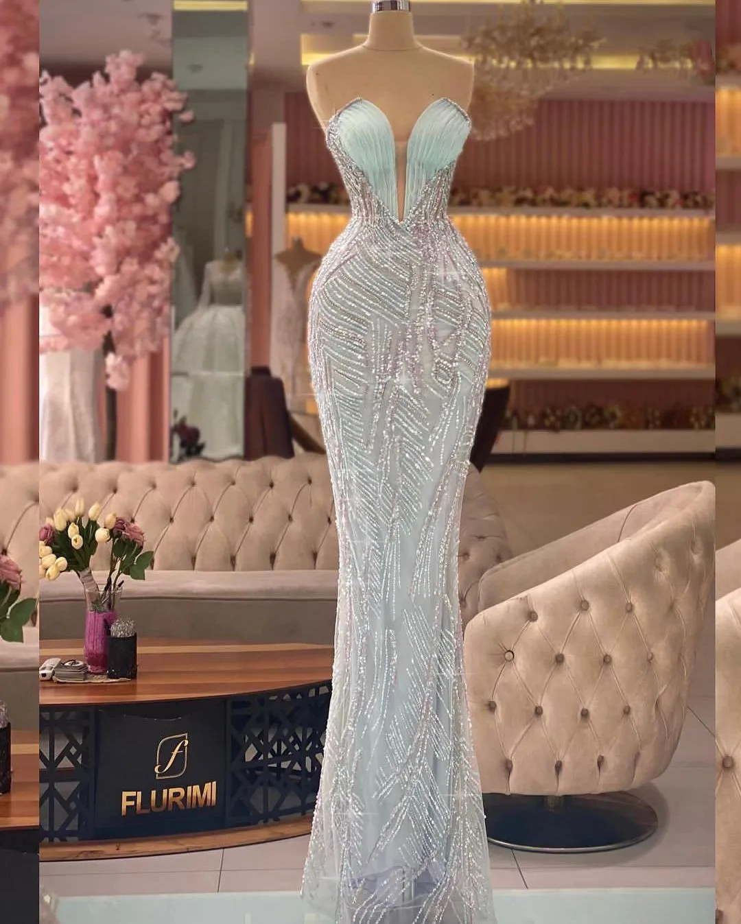 Shiny Sexy Prom Dress Strapless Sleeveless V Neck Sequins Beaded Satin Lace Mermaid Hollow Evening Dresses Gowns Custom Made