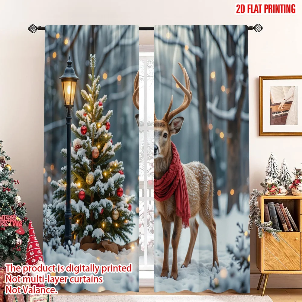 

2pcs 2D flat printing Merry Christmas Drapes Christmas Deer Snow Lamp Fabric Without Electricity Holiday Decorations Use for