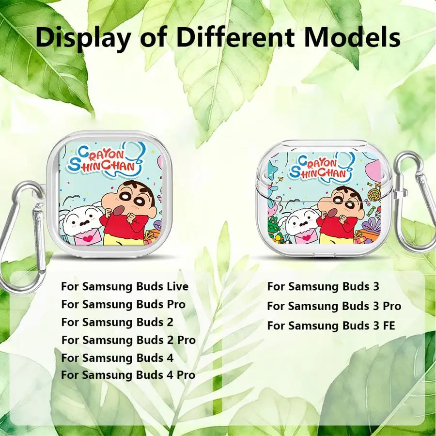 Case For Samsung Galaxy Buds 4Pro 2 2Pro Live 4 Pro 3Pro 3 FE Clear Earphone Cases Cover With Hook Cartoon Crayon Shin Chan