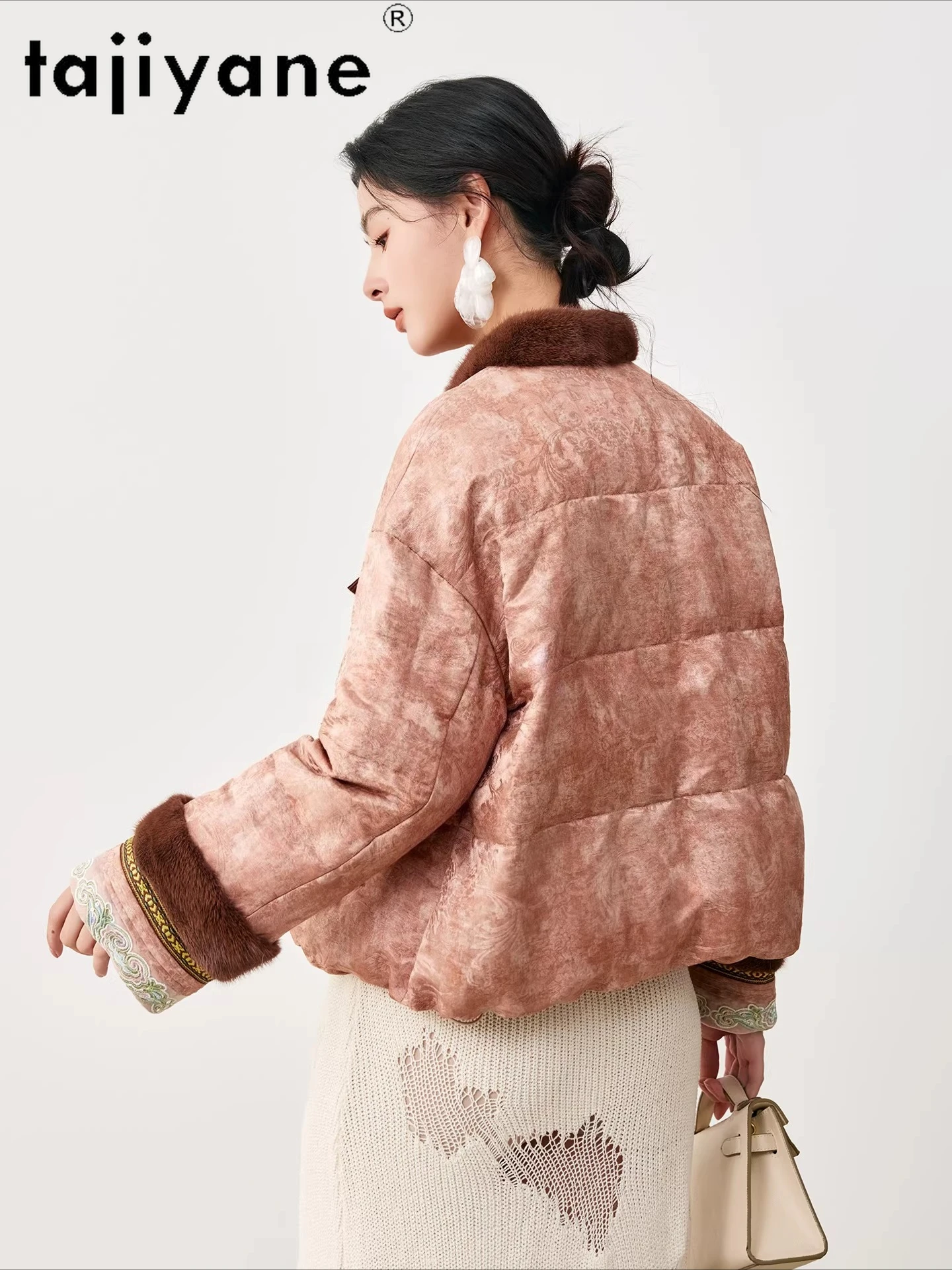 TAJIYANE 90%グースダウンジャケット レディース ショートジャカードダウンコート ミンクファーカラー パファージャケット 2025冬 レディース服 ダウンジャケット