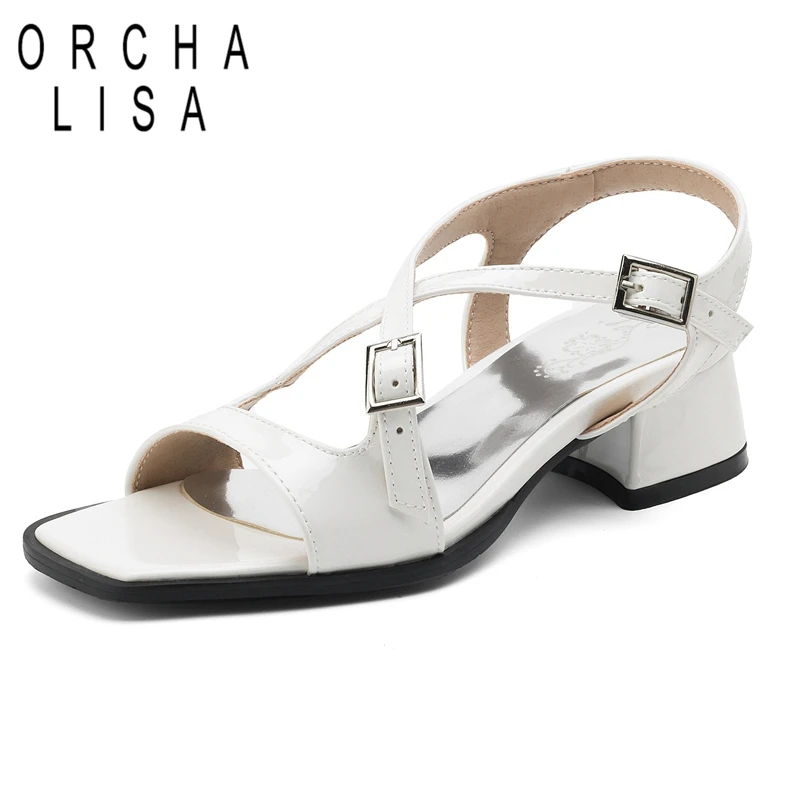 ORCHA LISA 2024 New Peep Toe Women Sandals Strap Buckle 5cm Thick Heel Big Size 40 41 42 43 Dress Silver White Pink