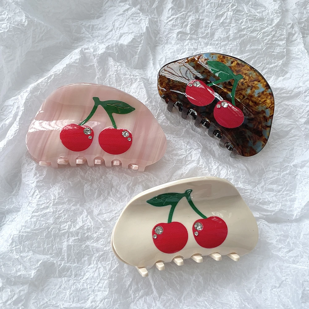 

Sweet Gradient Color Cherry Semicircle Hair Clip Claw For Women New Acetate Rhinestone Shark Clamp Hair Accessories Tool Gifts
