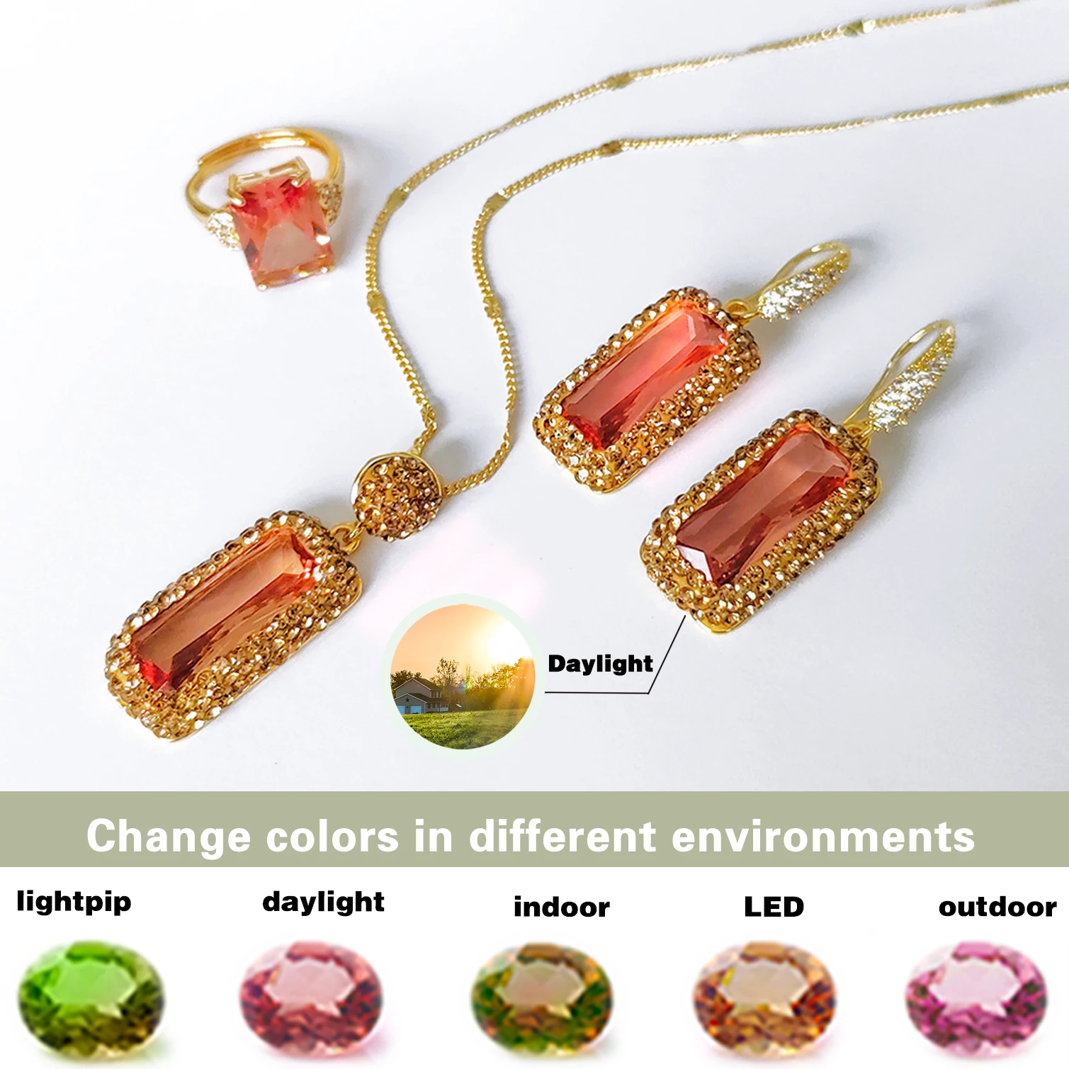 Color-changing suldanite Rectangular jewelry set adjustable ring necklace earrings three sets different lights change colors