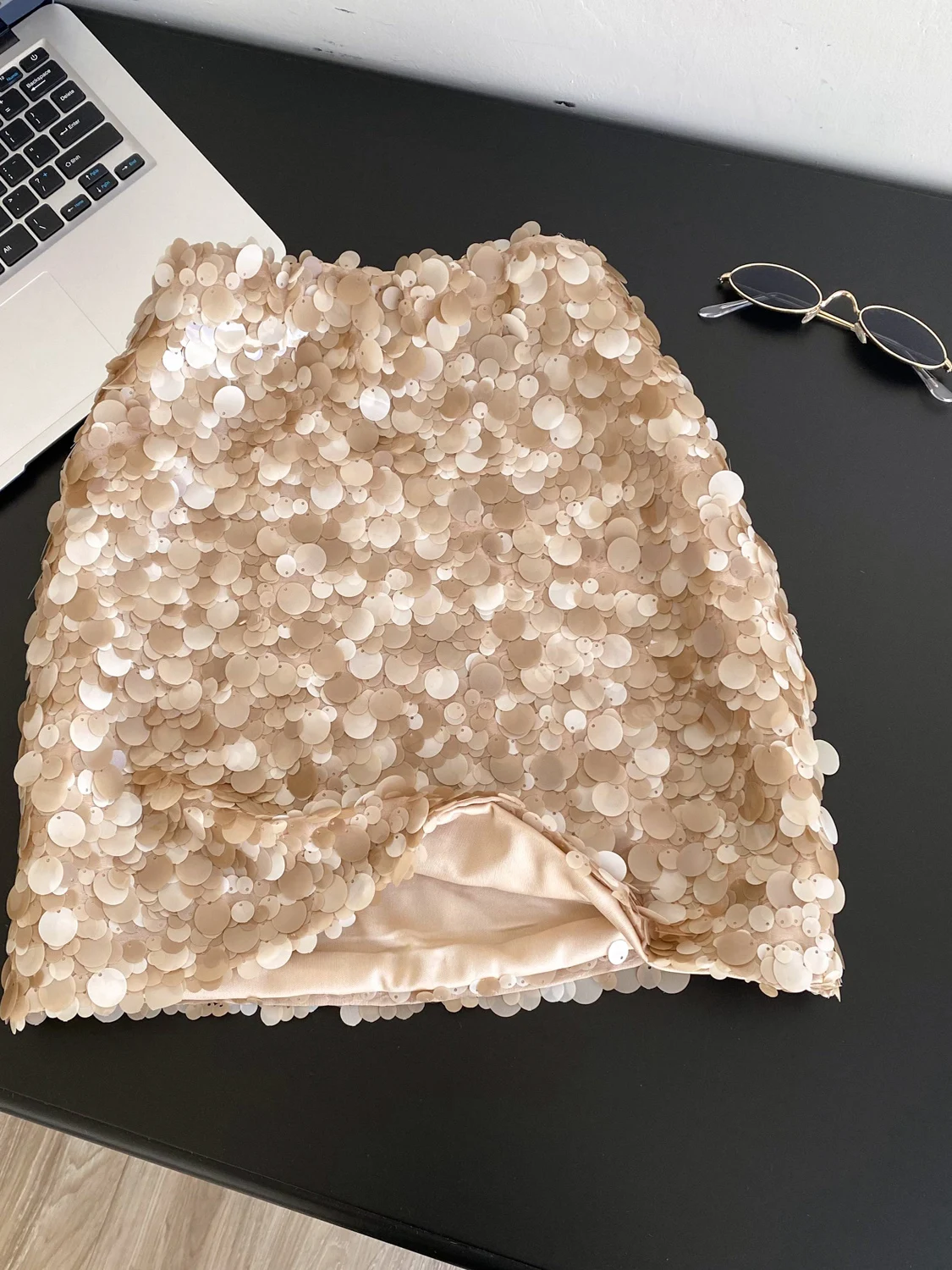 

Trendy High Waist A-Line Skirt Women's Faion Bright Sequins Heavy Work ort Skirt Slimming Effect Ci Commute Sle