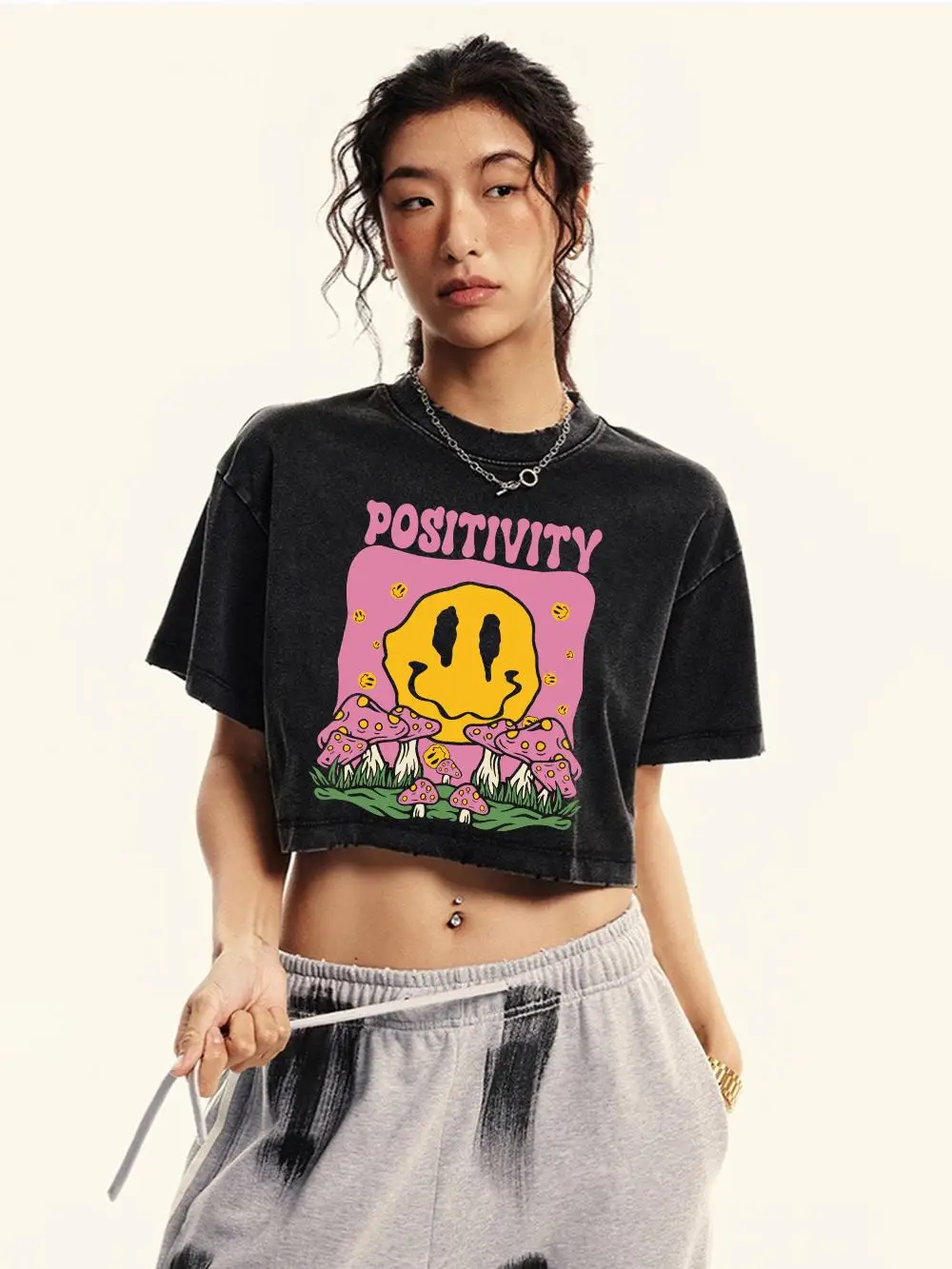 Woman Cotton Crop Washed T-Shirts Mushrooms Smiling Face Positivity Letter Prints Tops Oversize O-Neck Distressed Female Clothes