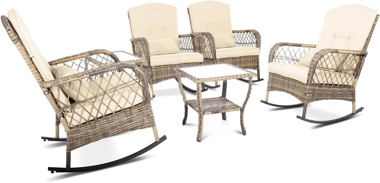 6-Piece Patio Furniture Set,Outdoor Rocking Chairs Set Of 2, Patio Conversation Set With 4 Wicker Chairs With 2 Glass Coffee