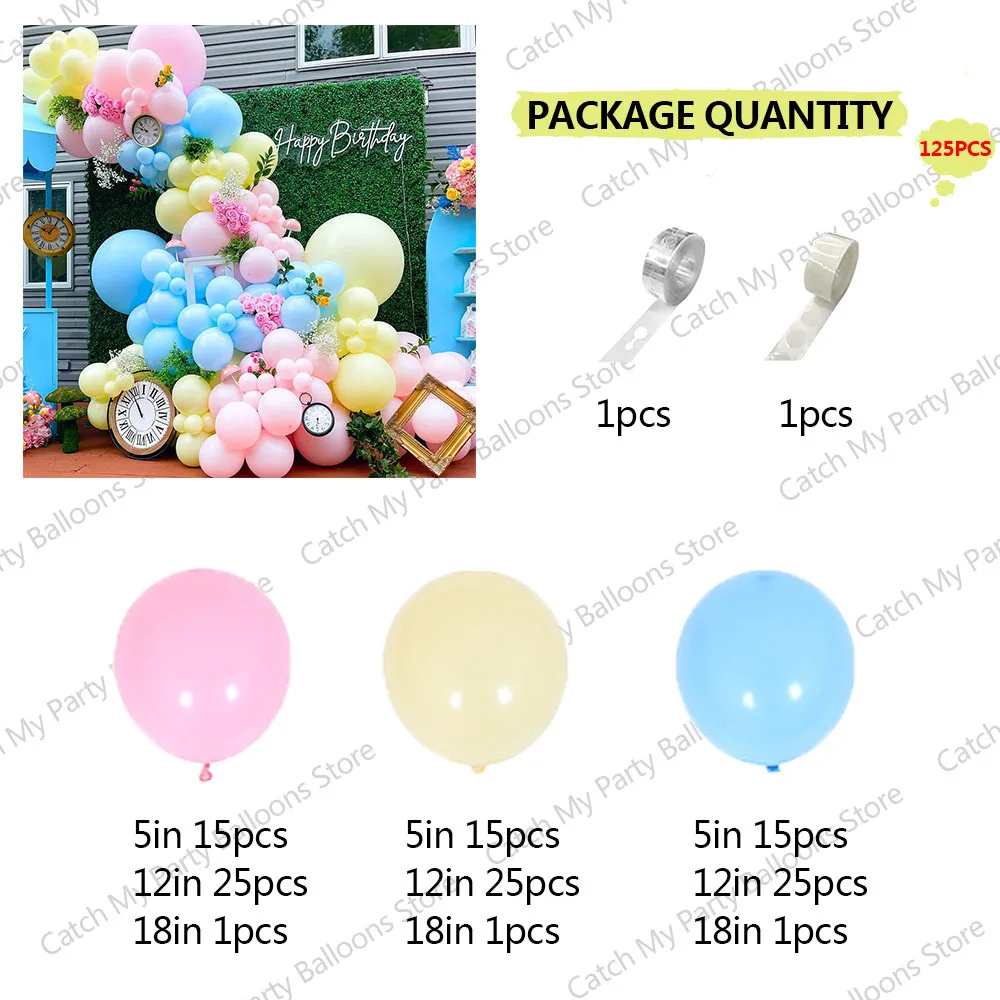 125Pcs Pastel Pink Yellow Blue Balloons Garland Arch Kit for Wonderland Themed Birthday Baby Shower Girls Tea Party Decorations