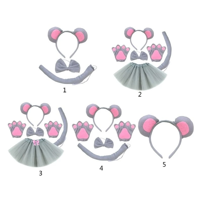Y5GC Halloween Mouse Costume Set Mouse Ears Headband Bows Tail Tutu Skirt Gloves image 2