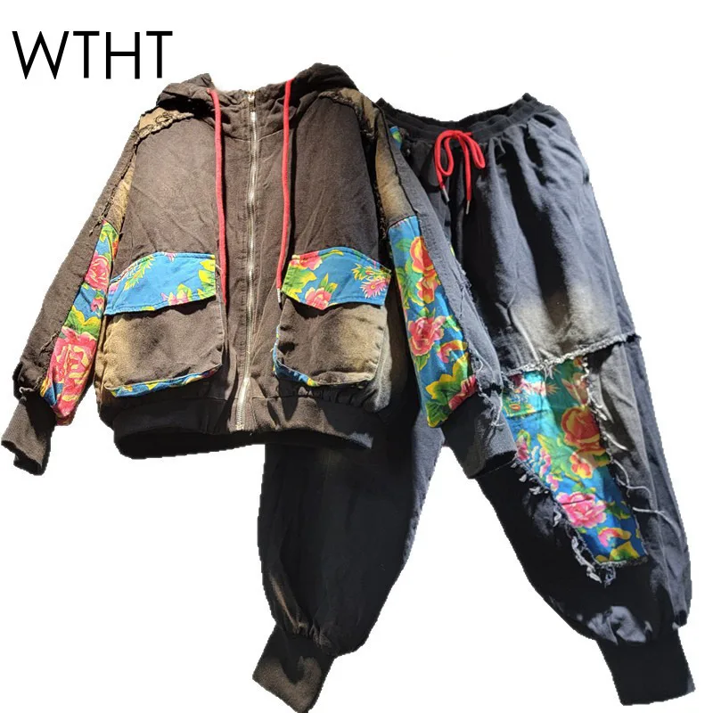 

WTHT Vintage Fashion Women's Do Old Print Patchwork Denim Hooded Jacket Elastic Waist Loose Jeans Female 2025 Winter 1LS2689