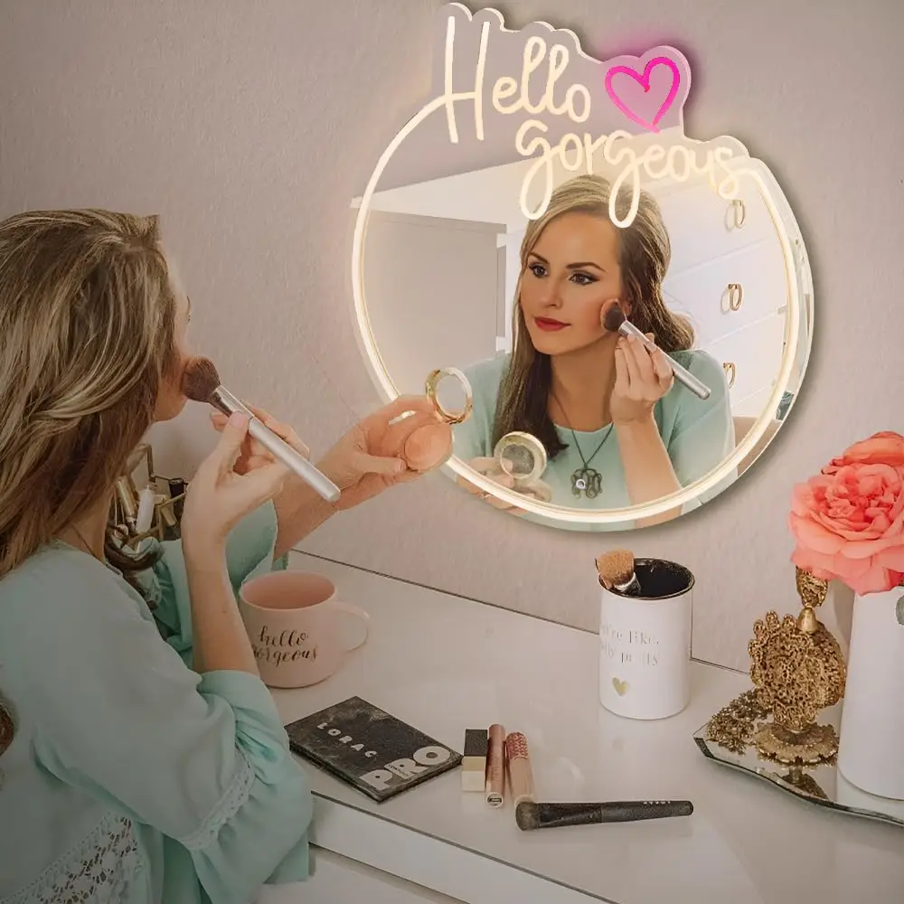  Hello Gorgeous Mirror LED Neon Sign USB Dimmable Neon Light Sign for Gameroom Bedroom Bar Livingroom Party Gift Wall Gift