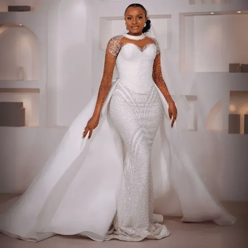 Aangepaste plus size trouwjurk voor de bruid bruidsjurken afneembare trein illusie zeemeermin lange mouwen pure hals kraal