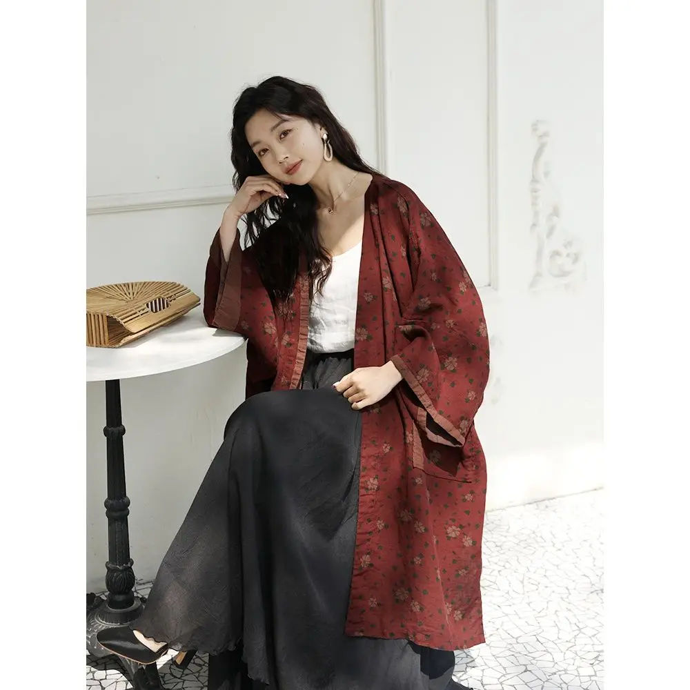 Line Printed Jacket Mid-length Retro Slit Top Cover Loose Cardigan