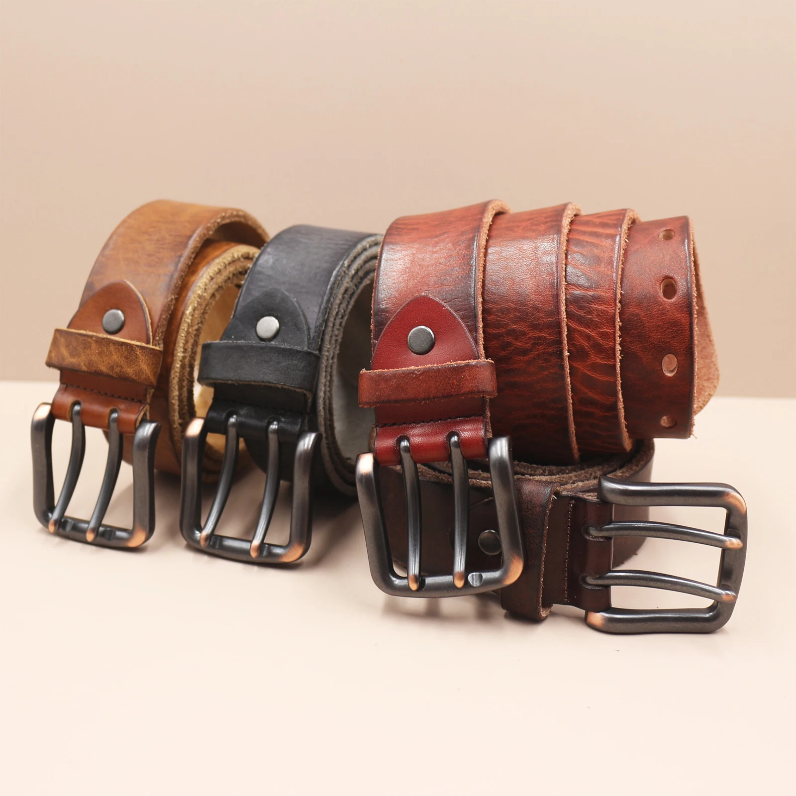 

Мужской ремень из натуральной кожи с двойной пряжкой, винтажный, повседневный, высокого качества