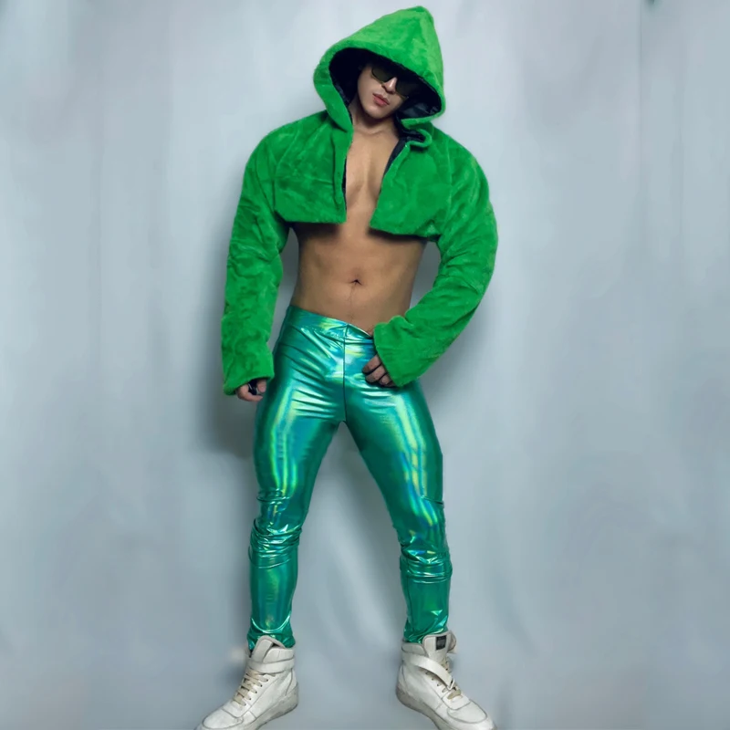 Men Green Fur Hoodie Coat Laser Pants Sexy Pole Dance Clothing Bar Nightclub Dj Ds Gogo Dancer Outfit Rave Costume XS5441