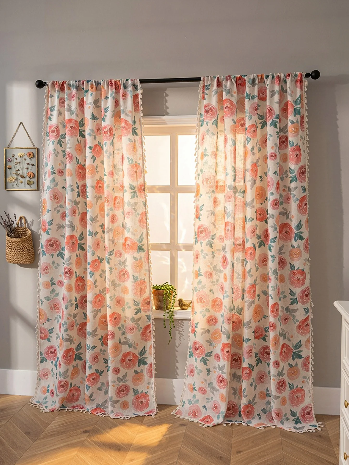 1PC Pink Floral Curtains for Living Room Linen Texture Flower Printed Pattern Shabby Chic Curtains, Light Filtering Floral Drape